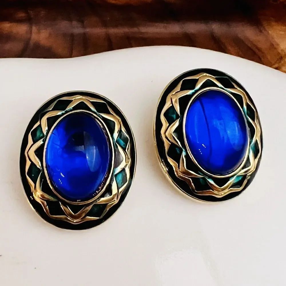 Vintage Galleria Gripoix Earrings Clip On Enamel Blue Glass Gold Oval NICE 4612